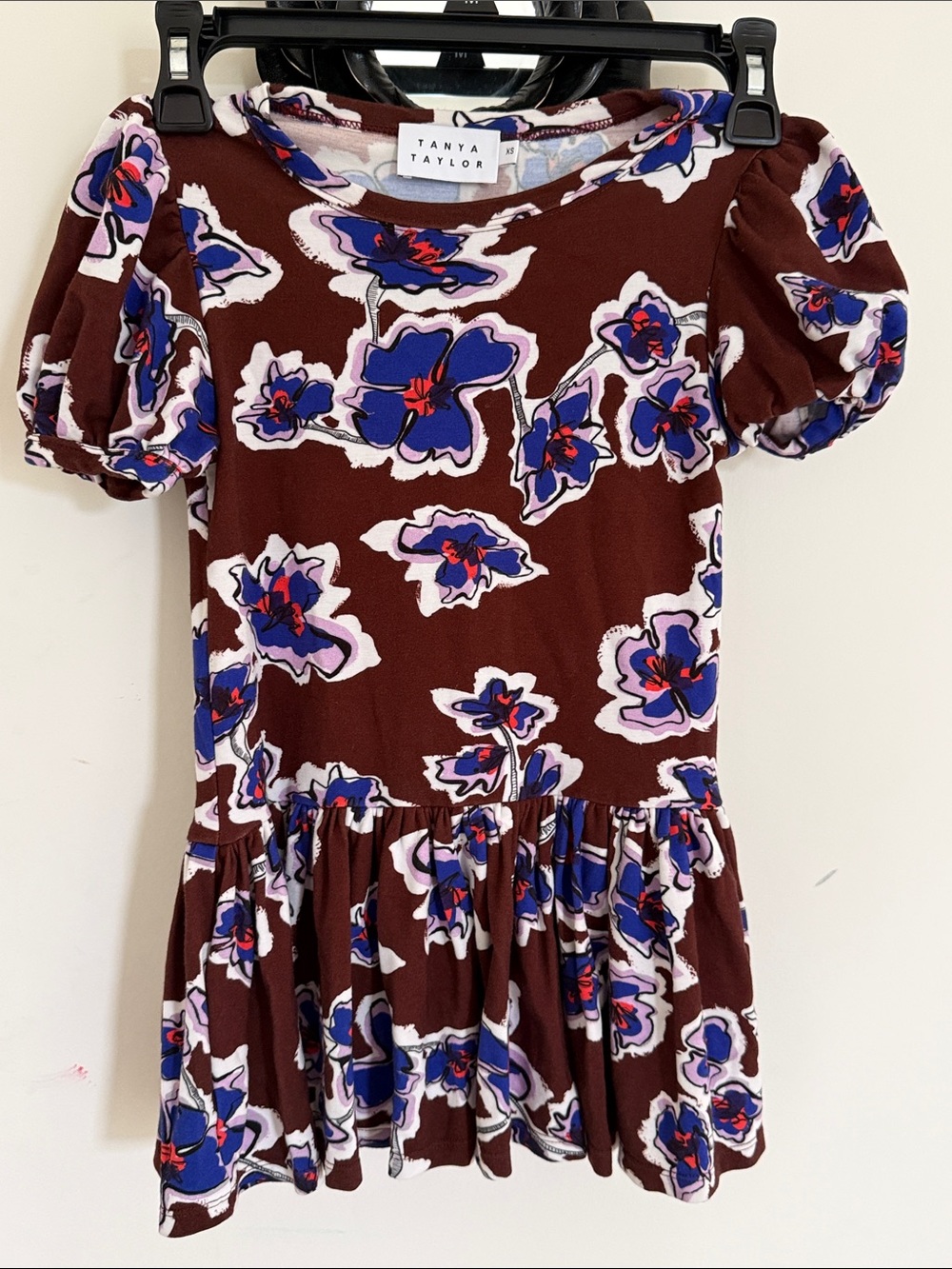 Tanya Taylor Brown Floral Puff-Sleeve Knit Dress with Purple & White Blossoms